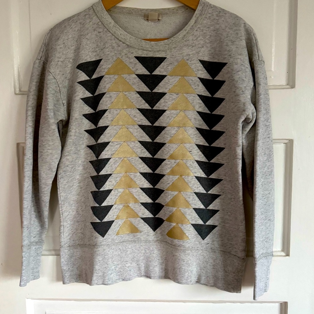 J crew pattern sweatshirt, grey with blue and gold